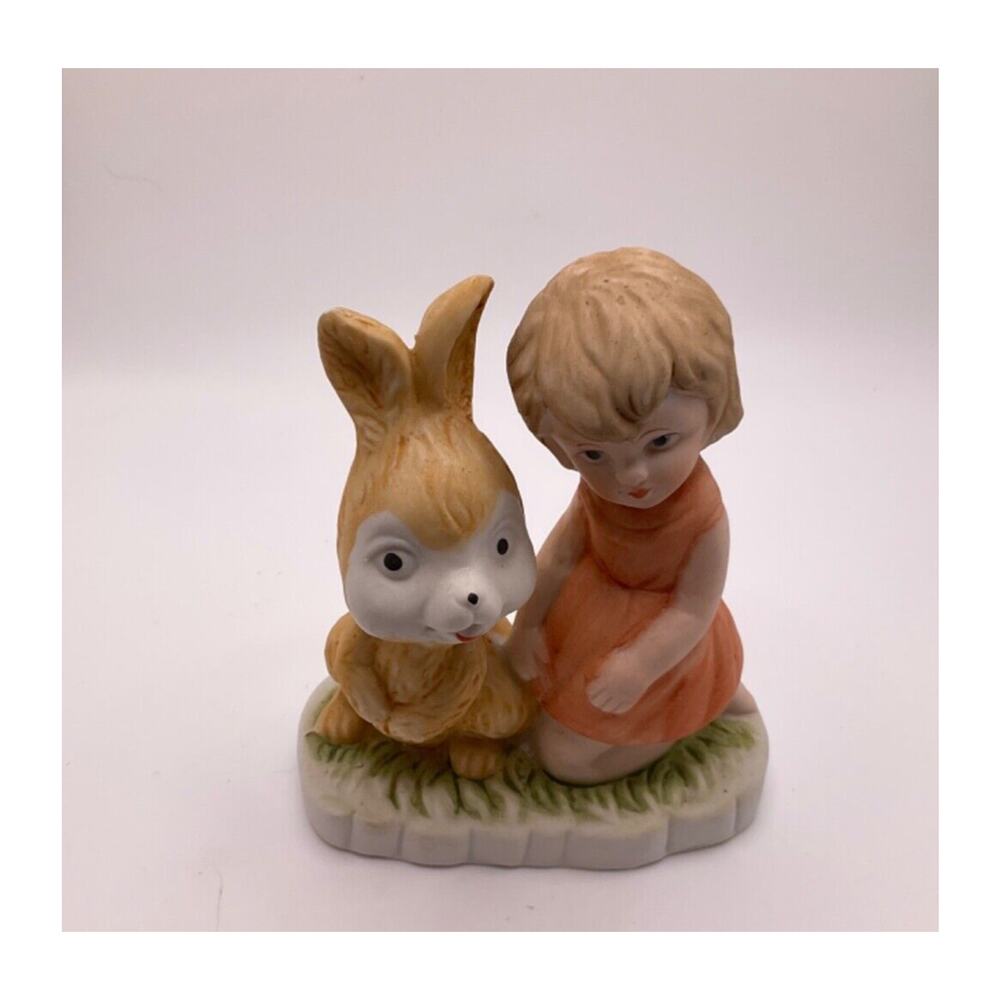 Vintage Young Girl & Rabbit Figurine, 4.5”‎ Pristine Condition Cottagecore Retro